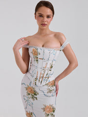 White Floral Print Fitted Corset Maxi Dress