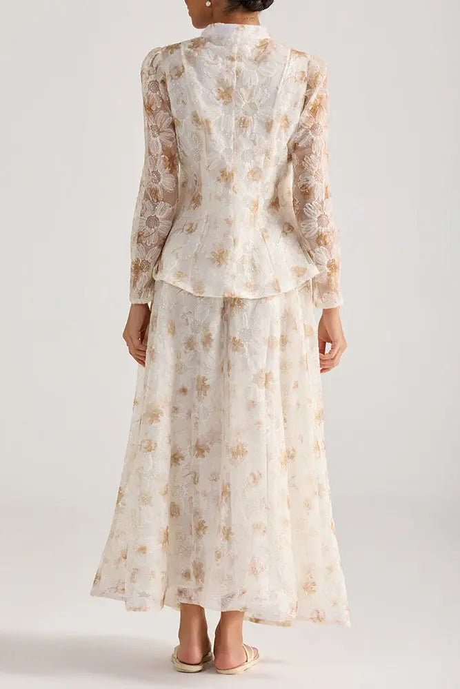 Yellow Floral Embroidered Long-Sleeve Top Skirt Set