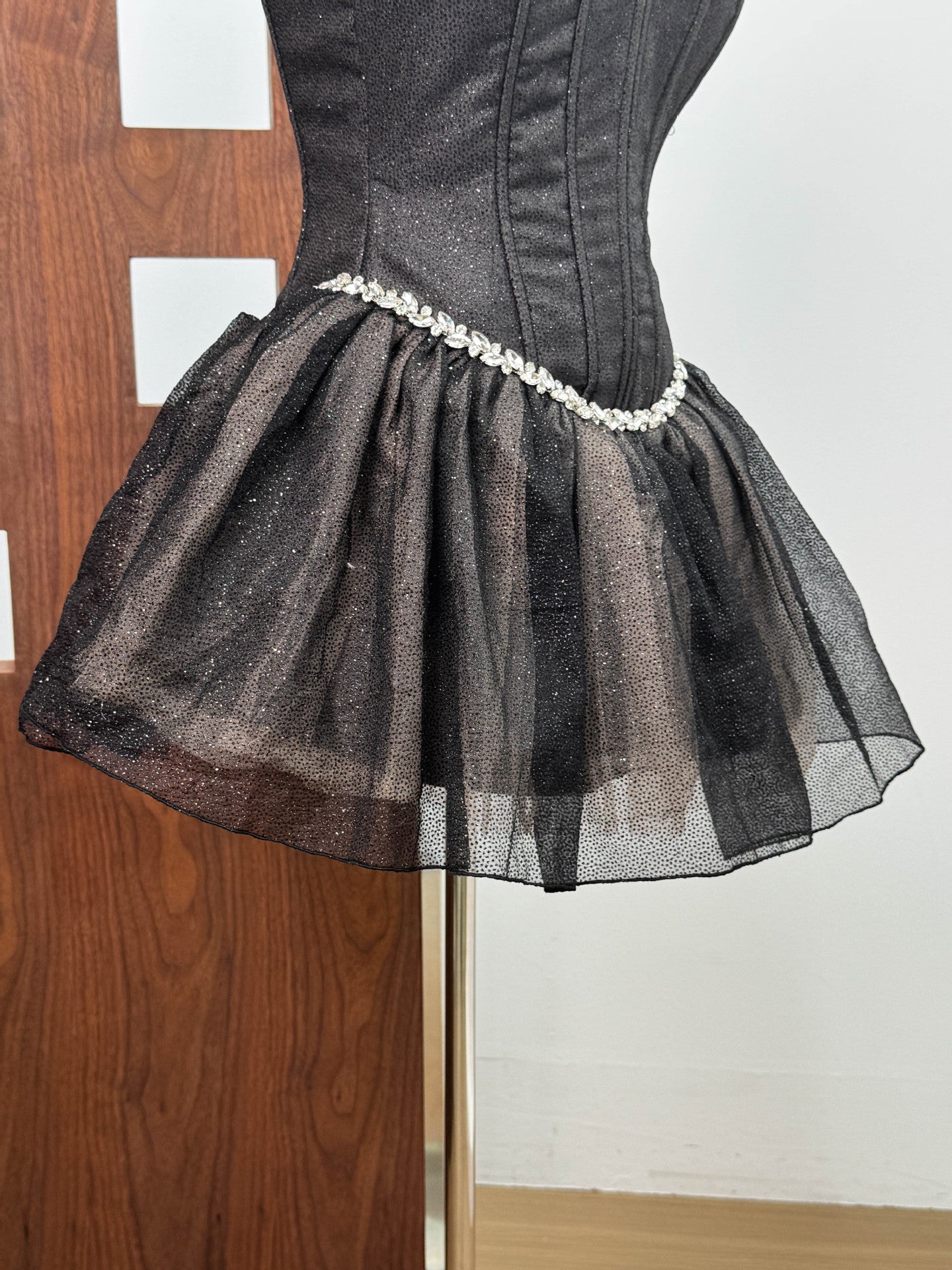 Top Fishbone Mesh Mini Dress in Black