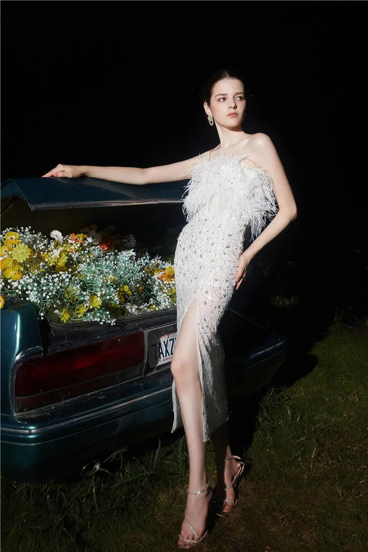 White Haute Couture Feather Sequin Dress
