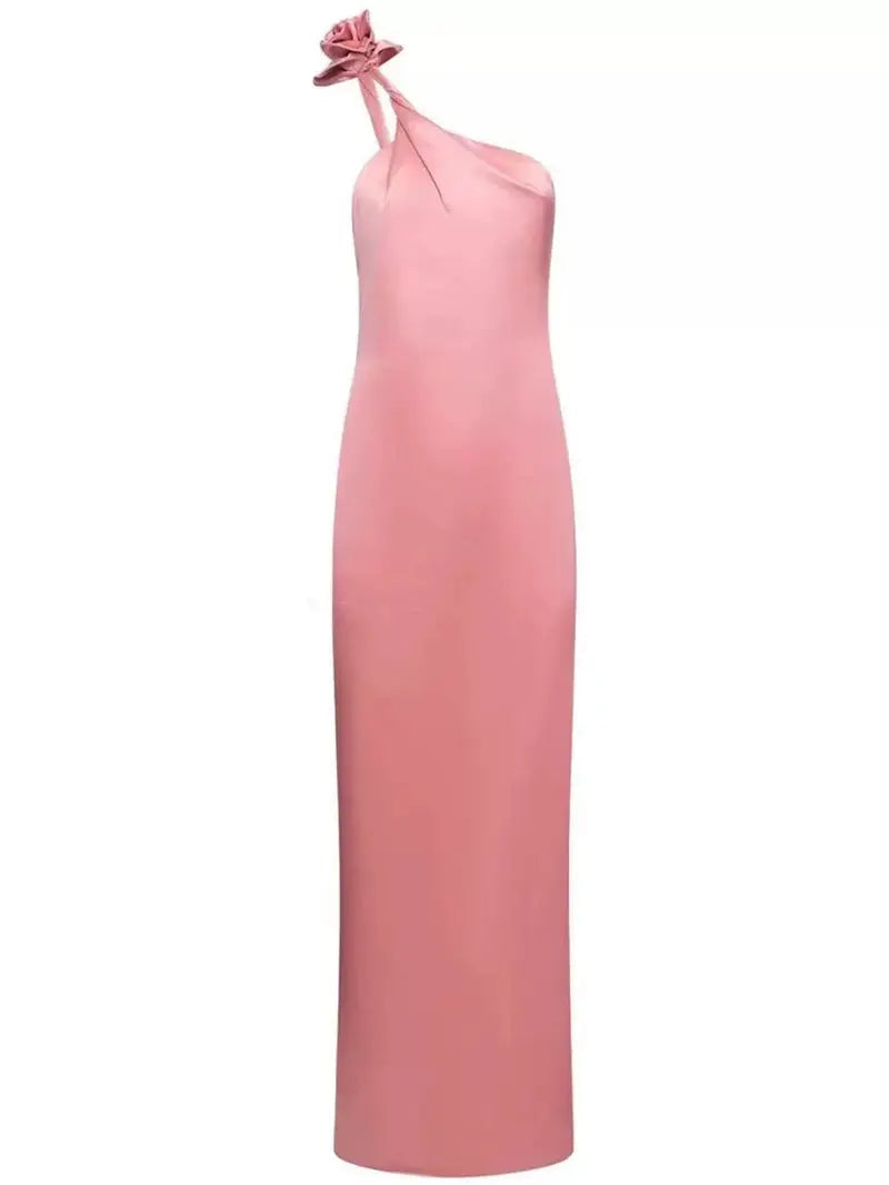 One-Shoulder 3D Flower Satin Maxi Dress in Pink