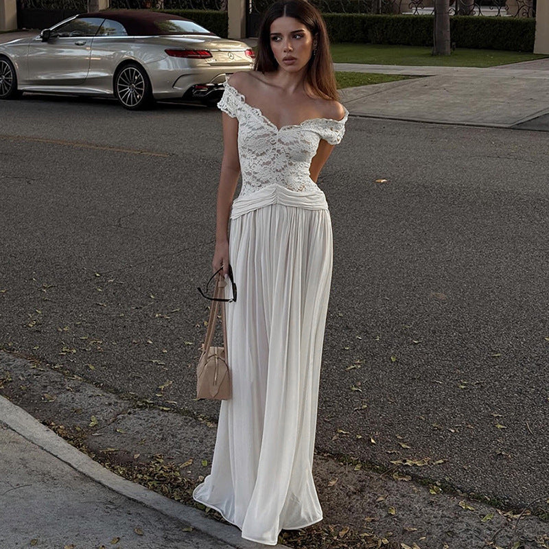 Winter Style Sheer V-Neck Lace-Trimmed Maxi Dress