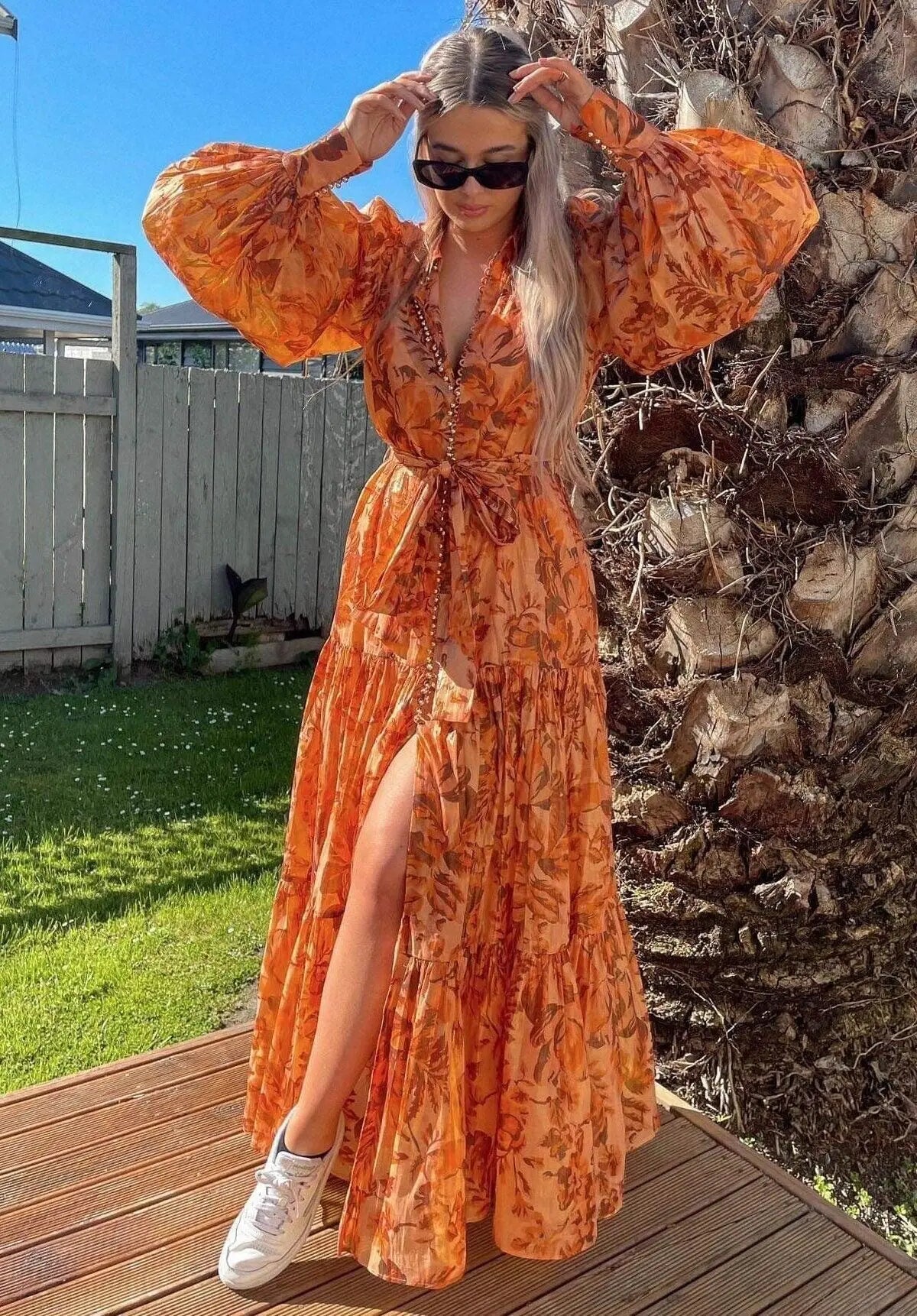 Printed Balloon Sleeve Maxi Dress in Brown