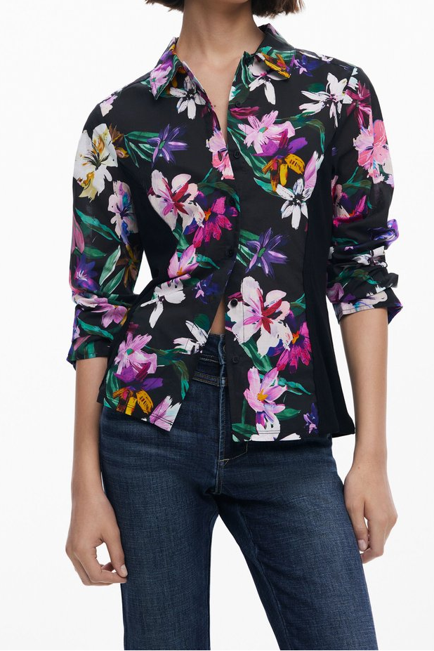 Black Vibrant Floral Print Long Sleeve Button-Down Shirt