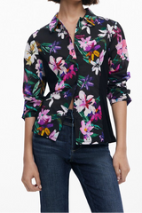 Black Vibrant Floral Print Long Sleeve Button-Down Shirt