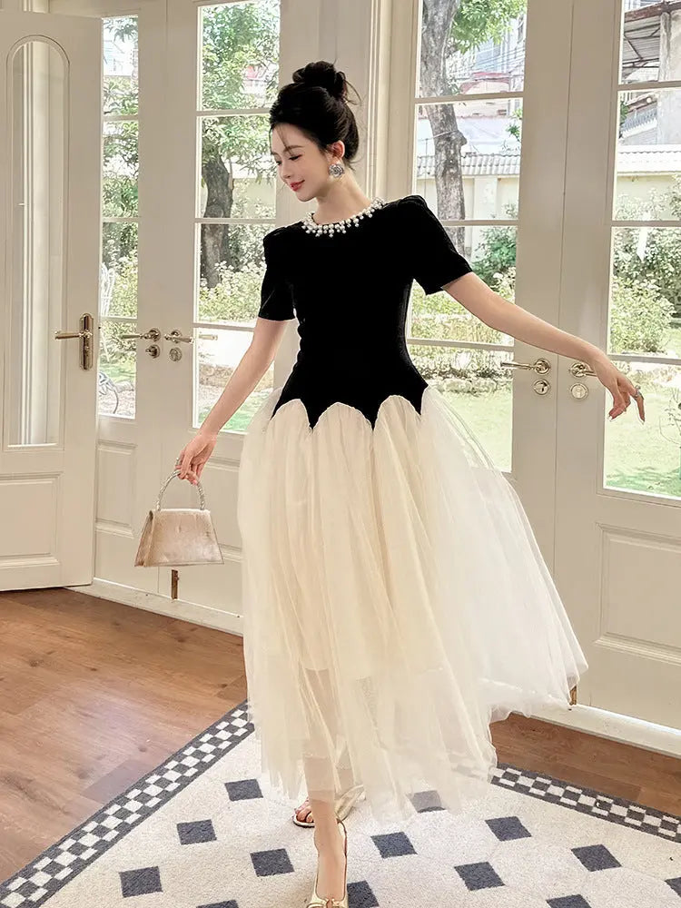 Black-White Rhinestone Neck Maxi Dress