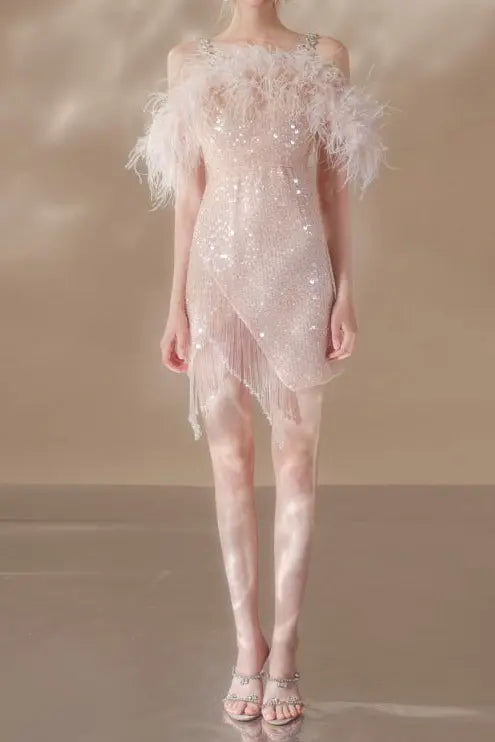 Feather Crystal-Strap Mini Dress in Pink