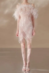 Feather Crystal-Strap Mini Dress in Pink