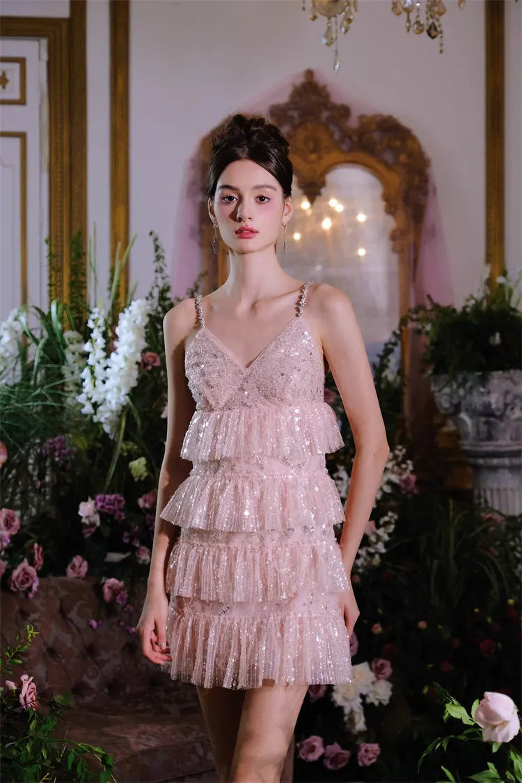 Pink Sleeveless Sequin Ruffle Short Dinner Dress