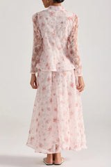 Pink Floral Embroidered Long-Sleeve Top Skirt Set