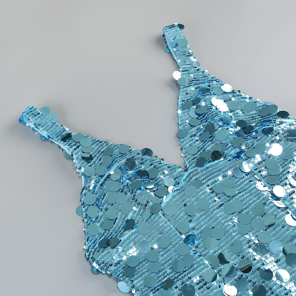 Sequin Deep V Maxi Dress in Blue