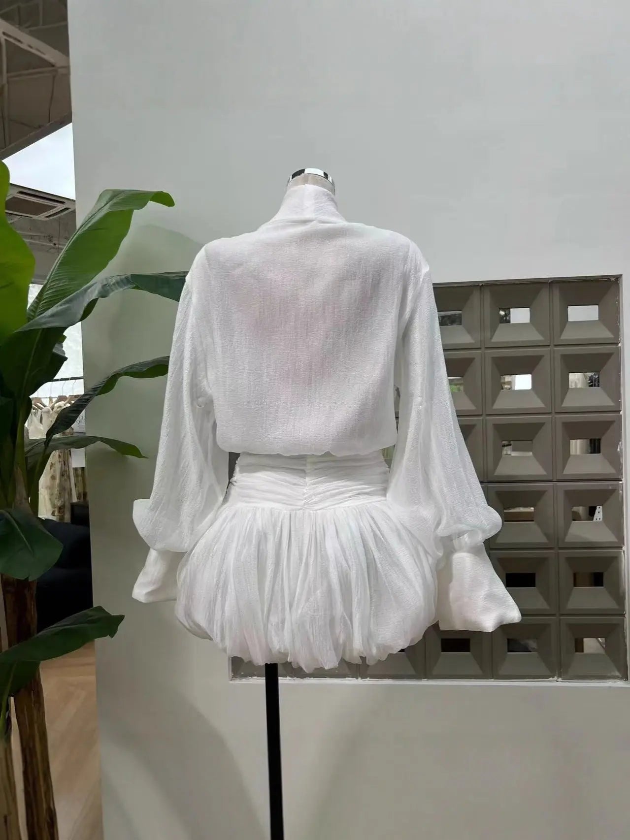 White Tie-Neck Mini Shirt Dress
