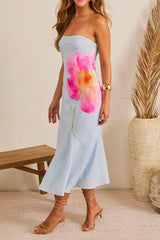 Light Blue Floral Print Midi Dress