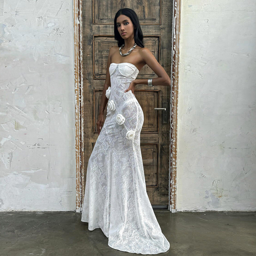 Sheer Lace Dress with Three-Dimensional Floral Skirt - White