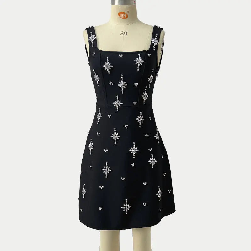 Sleeveless Diamond Bandage Mini Dress in black