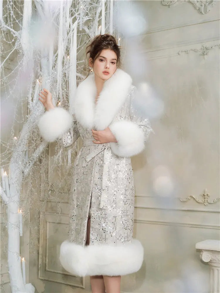 Sliver Tie Long Sleeve Long Fur Autumn Coat