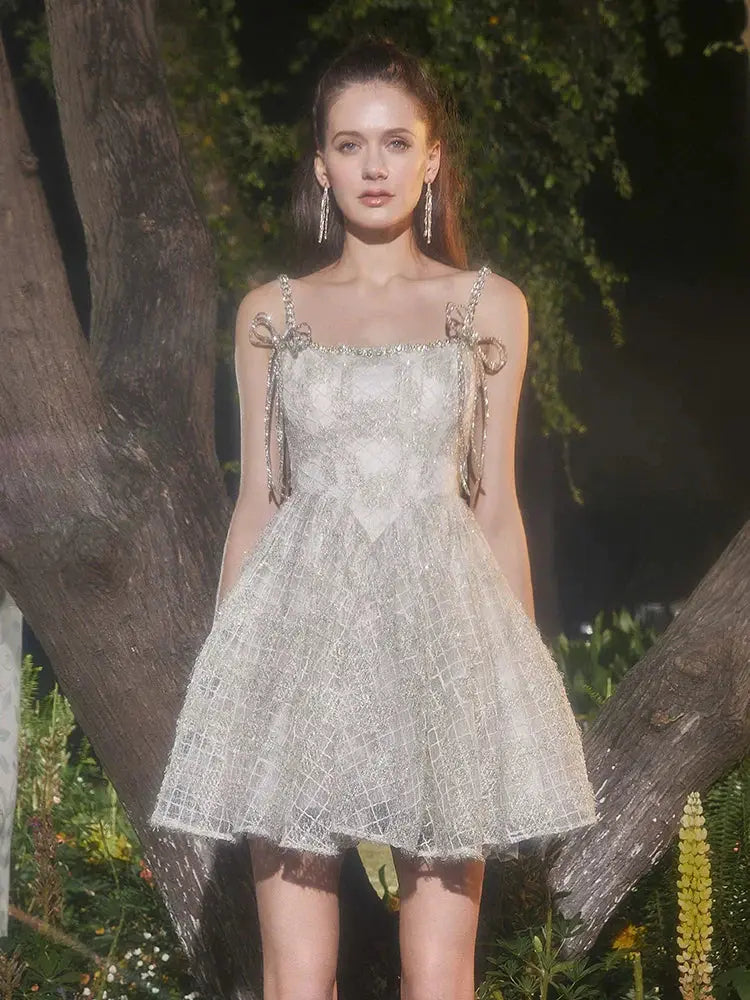 Beige Square Collar Sleeveless Lace Cocktail Dress