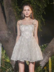 Beige Square Collar Sleeveless Lace Cocktail Dress