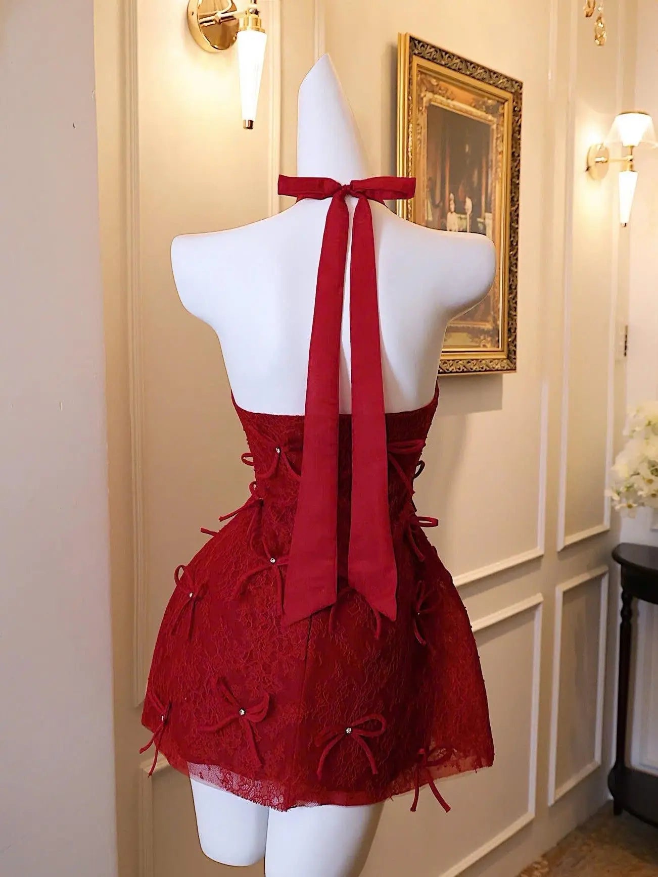 Lace Backless Halter Mini Dress in Red