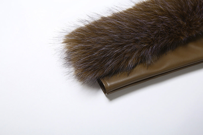 Leather Fur Collar Asymmetrical Mini Dress in Brown