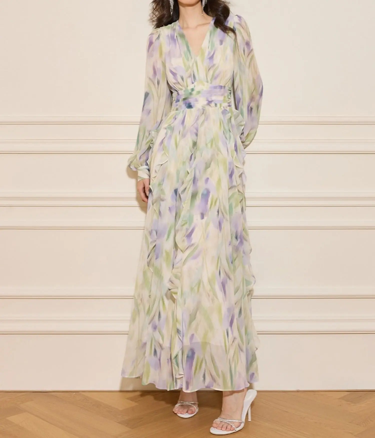 V-Neck Floral Print Lantern Sleeve Maxi Dress