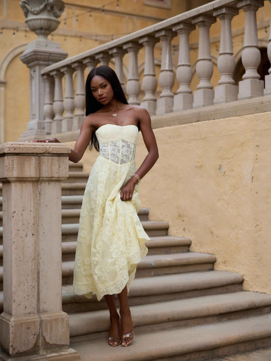 Yellow European American Style Sexy Backless Tie-Wrap Dress