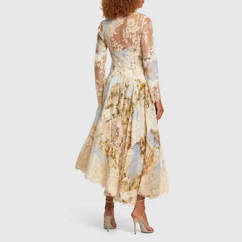 Long Sleeves Floral Printed Lace Maxi Dress