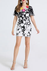 3D Floral Embroidery Mini Dress in Black