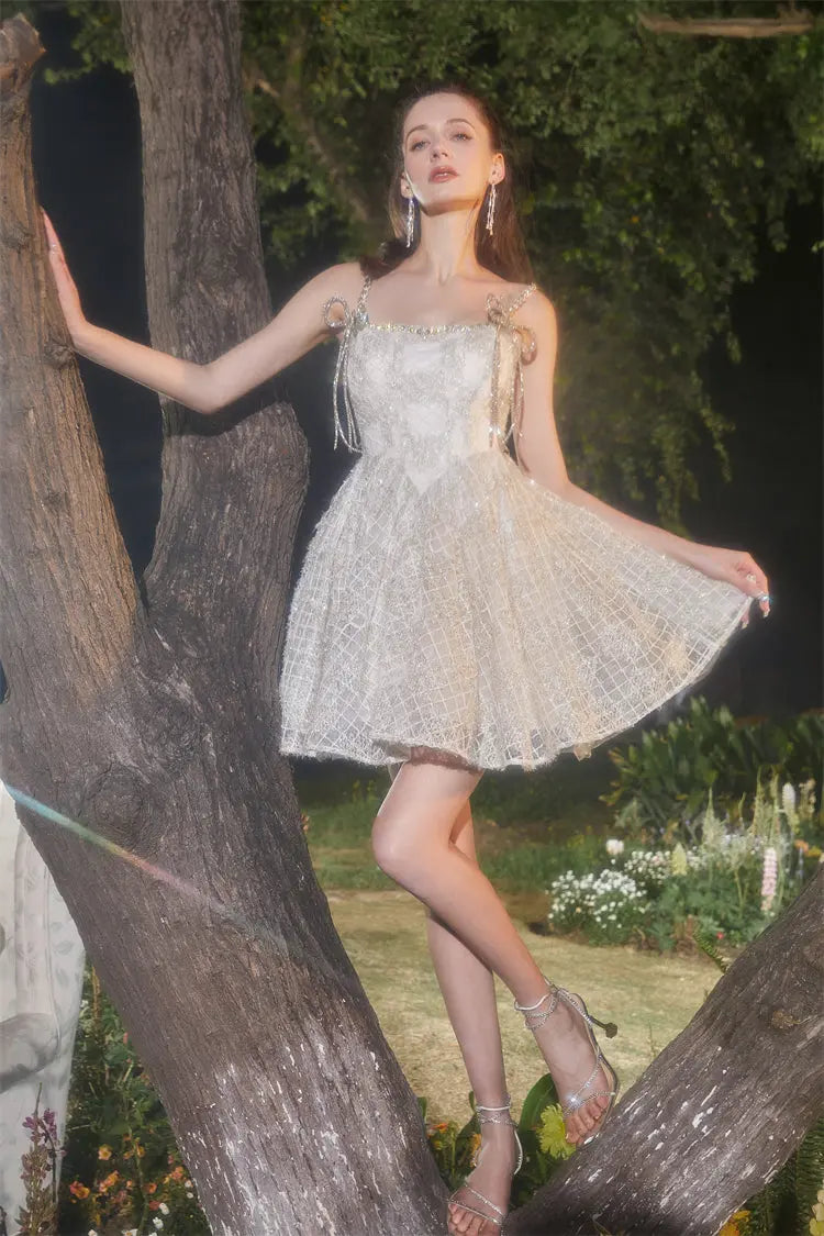 Beige Square Collar Sleeveless Lace Cocktail Dress