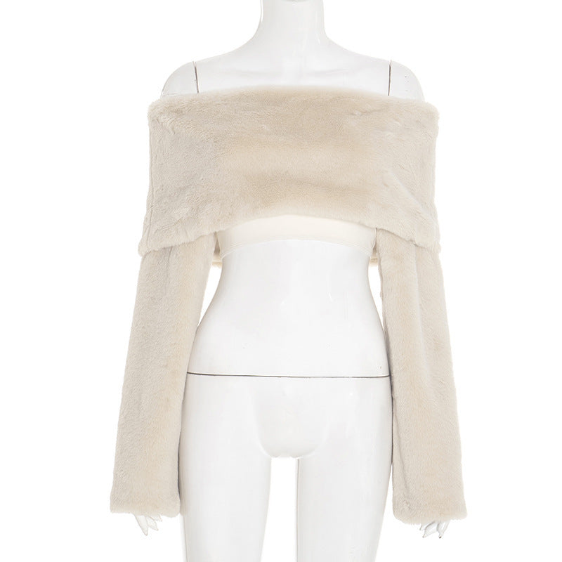 Faux Fur Off-Shoulder Long Sleeve Top in Beige