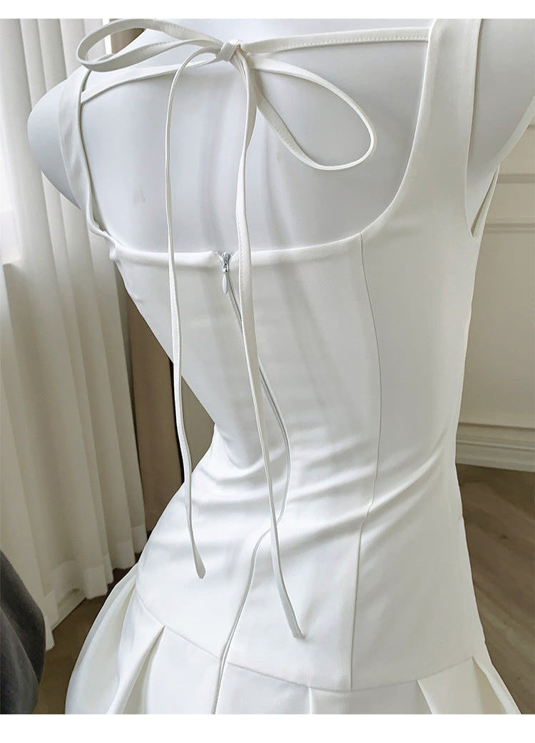 Square Neck Bud Mini Dress in Beige