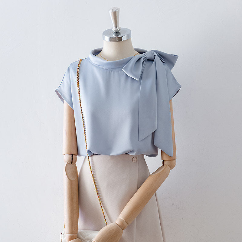 Asymmetrical Side Big Stand Collar Cap Sleeve Satin Blouse