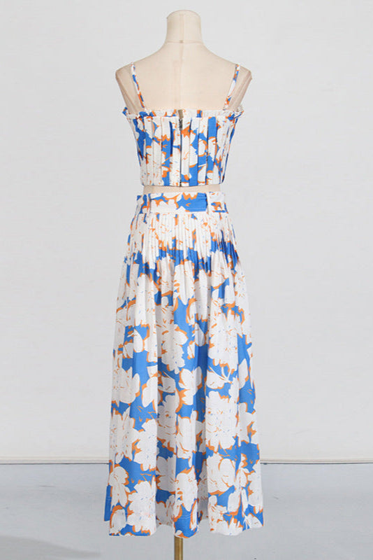 Floral-Print Linen Bustier Top Skirt Set in Blue