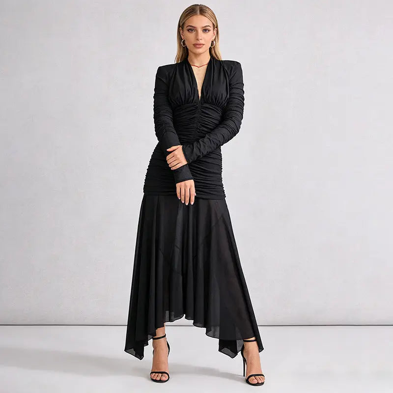 V-Neck Ruched Long-Sleeve Maxi Dress in Black
