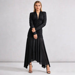 V-Neck Ruched Long-Sleeve Maxi Dress in Black