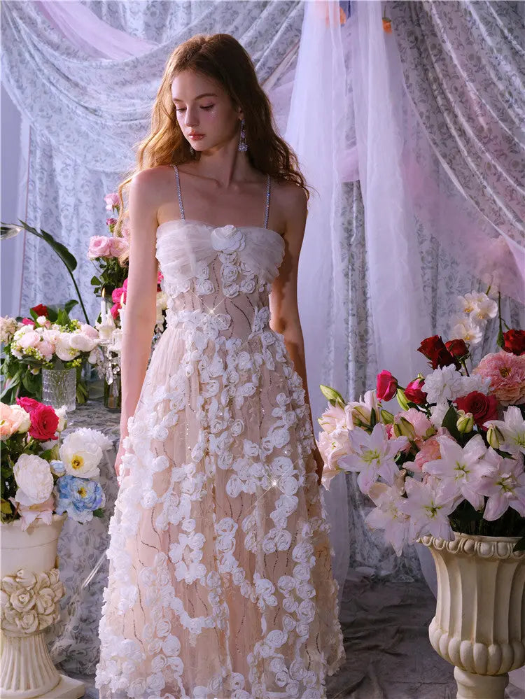 Leah White/Beige Sleeveless Flower Dress