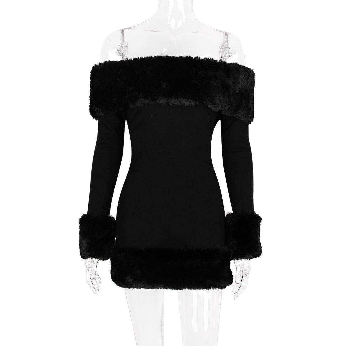 Black Long-Sleeve Off-Shoulder Mini Dress with Fuzzy Details
