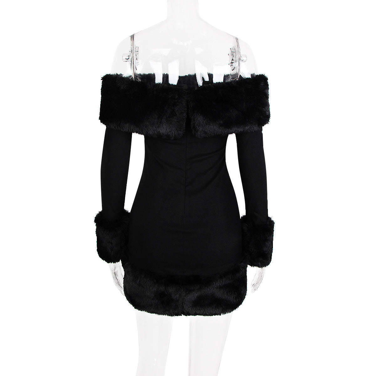 Black Long-Sleeve Off-Shoulder Mini Dress with Fuzzy Details