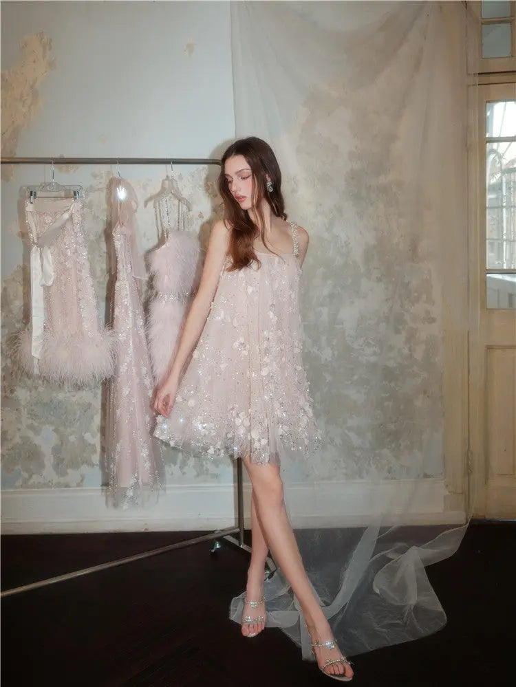 Pink Flower Embroidered Sequin Doll Party Dress