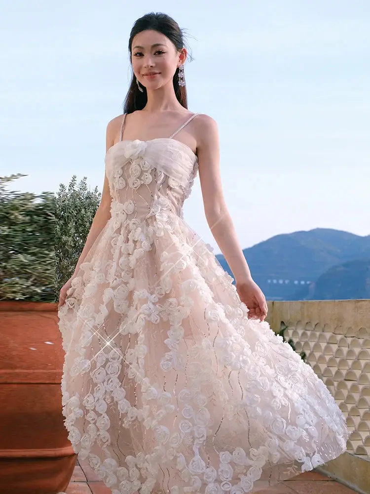 Leah White/Beige Sleeveless Flower Dress