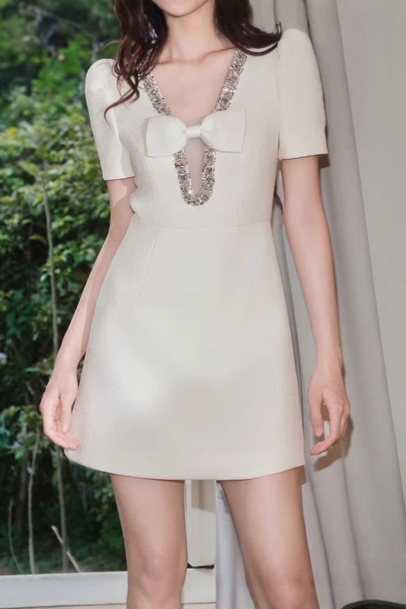 V-Neck Diamond Chain Mini Dress in Ivory