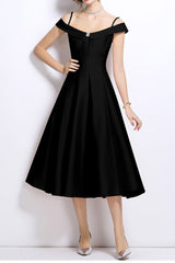Off-Shoulder Satin Midi Dress in Black