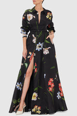 Black Floral Print Shirt Maxi Dress with Slit