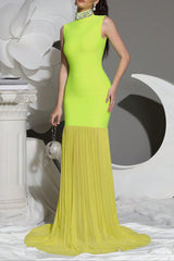 Mesh Stitching Diamond High Collar Bandage Maxi Dress in Green
