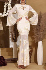 Sleeve Hip-Hugging Mesh Embroidery Maxi Dress in Yellow