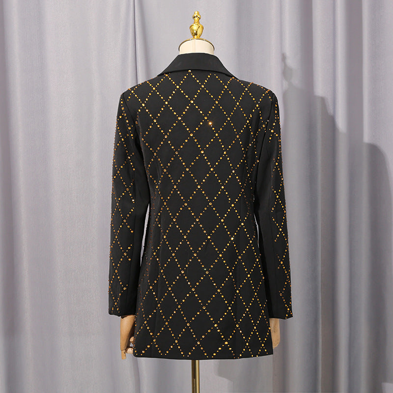 Black Folded Collar Rhinestone Blazer