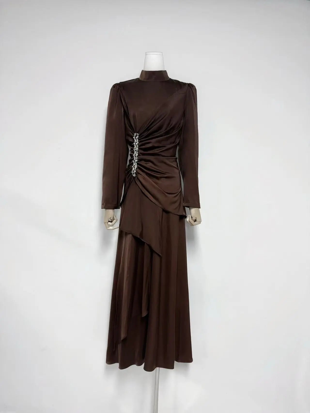 Long Sleeves with Beading Maxi Dress in Brown