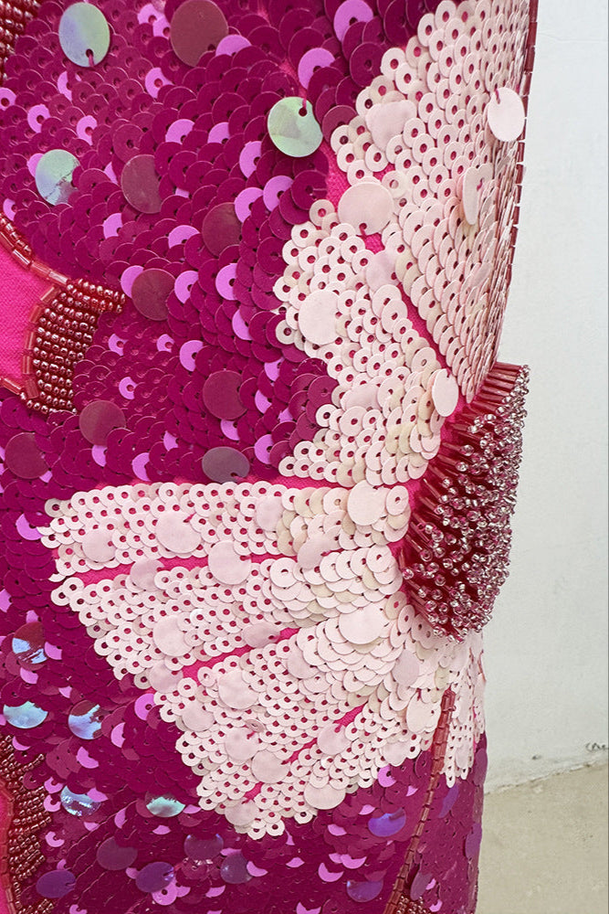 Sequin Flower Embellished Puff Sleeve Midi Dress in Pink