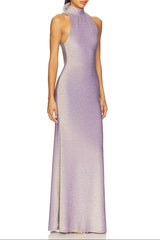 Sleeveless Back Flower Embellished Halter Maxi Dress in Purple
