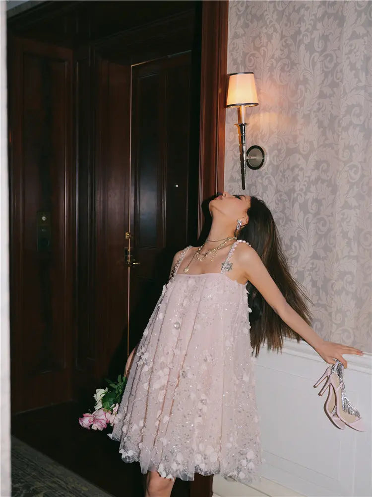 Pink Flower Embroidered Sequin Doll Party Dress